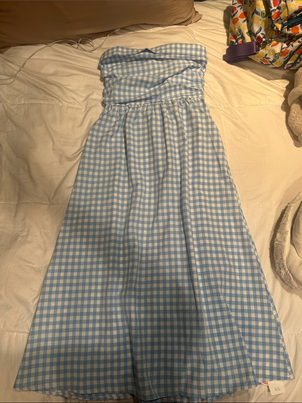 Cider Light Blue Gingham Strapless Summer Dress